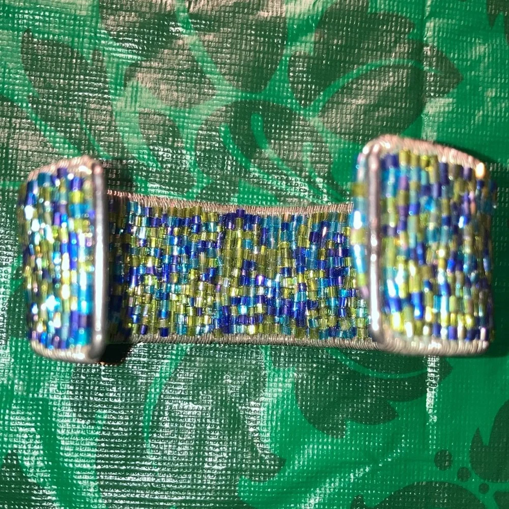 CUFF BRACELET shades of blue beads on inside & outside, some MOP $25 - Picture 3 of 5